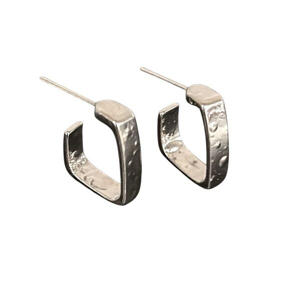 Square Hammered Silver Tone Hoop Earrings, 0.5”, Urban Geometric Men’s Jewelry - Picture 1 of 9